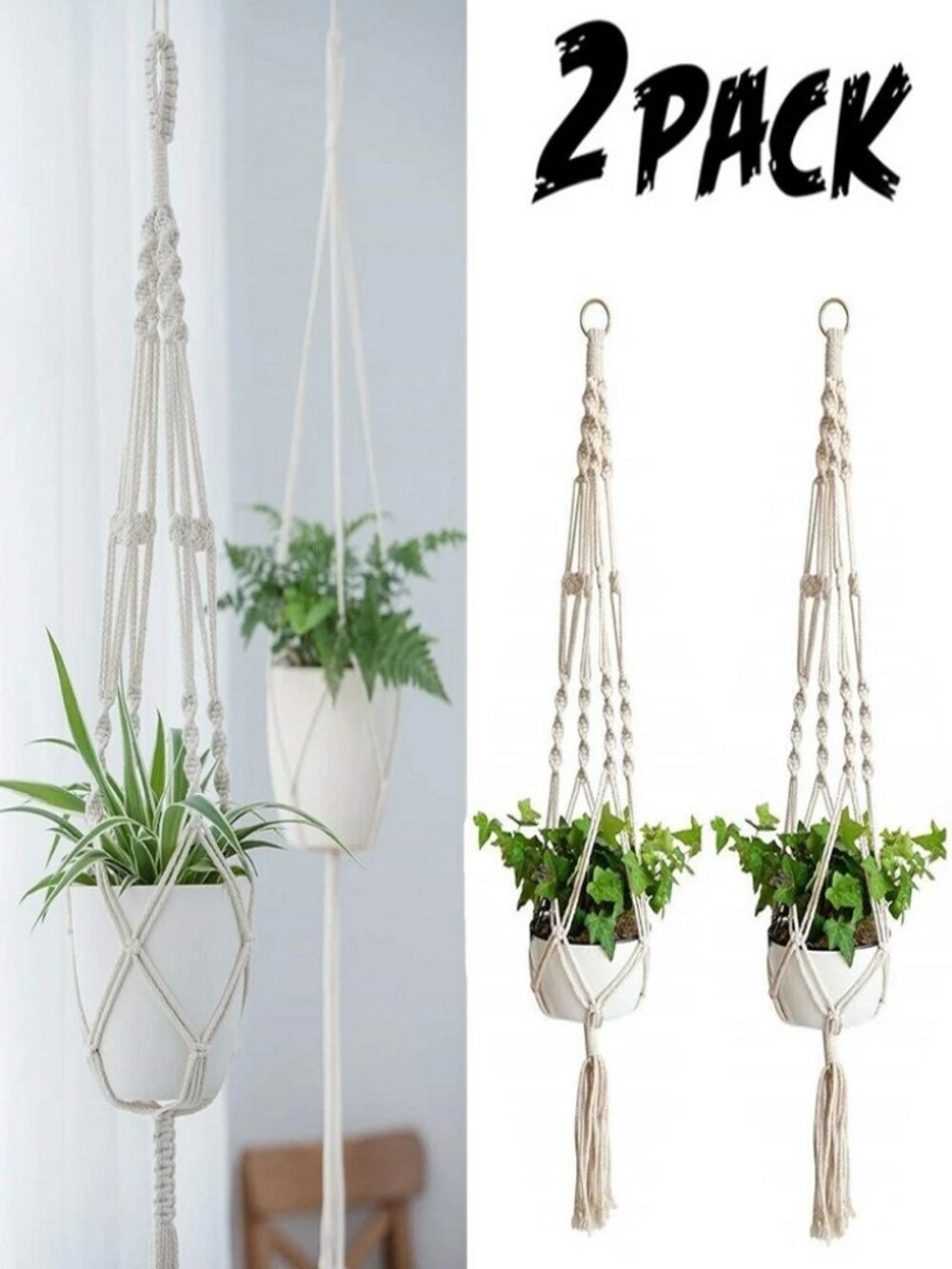 2-Pack Macrame Jute Plant Hangers 41” Large Boho Style Pot Holders - Picture 8 of 12